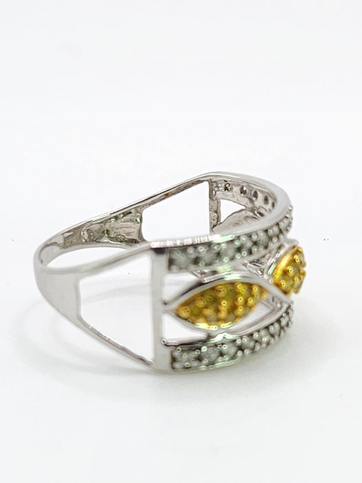 1859: Vintage; 9ct Gold Yellow and White Diamonds Openwork Ring- 52 natural sparkling diamonds