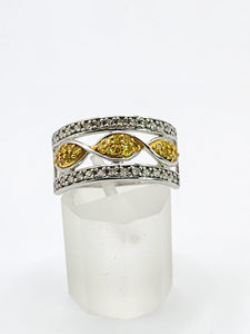 1859: Vintage; 9ct Gold Yellow and White Diamonds Openwork Ring- 52 natural sparkling diamonds