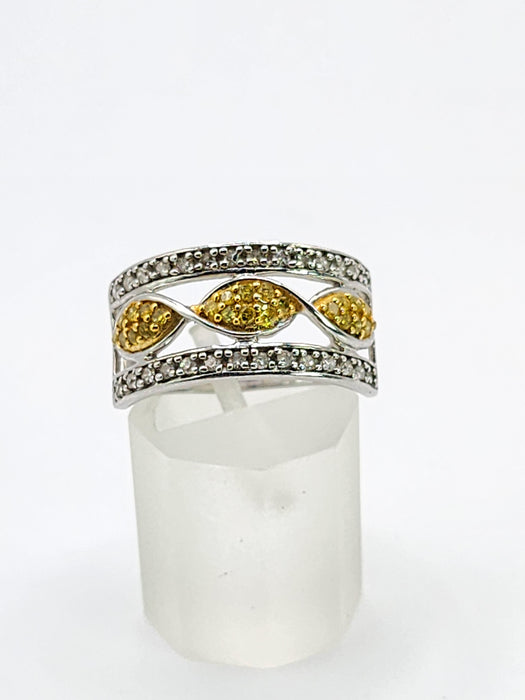 1859: Vintage; 9ct Gold Yellow and White Diamonds Openwork Ring- 52 natural sparkling diamonds