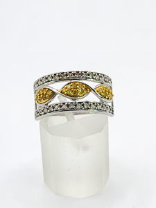 1859: Vintage; 9ct Gold Yellow and White Diamonds Openwork Ring- 52 natural sparkling diamonds