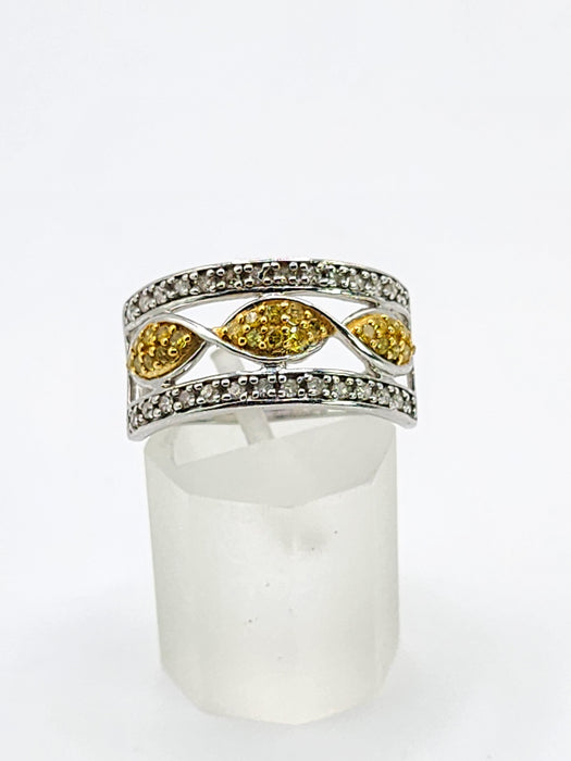 1859: Vintage; 9ct Gold Yellow and White Diamonds Openwork Ring- 52 natural sparkling diamonds