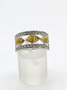 1859: Vintage; 9ct Gold Yellow and White Diamonds Openwork Ring- 52 natural sparkling diamonds