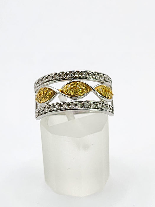 1859: Vintage; 9ct Gold Yellow and White Diamonds Openwork Ring- 52 natural sparkling diamonds