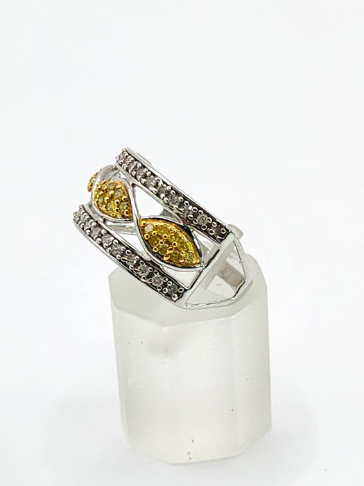 1859: Vintage; 9ct Gold Yellow and White Diamonds Openwork Ring- 52 natural sparkling diamonds