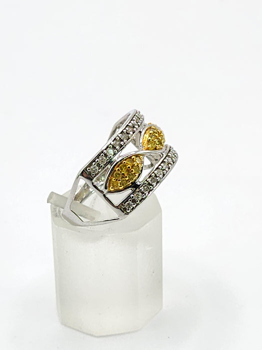 1859: Vintage; 9ct Gold Yellow and White Diamonds Openwork Ring- 52 natural sparkling diamonds
