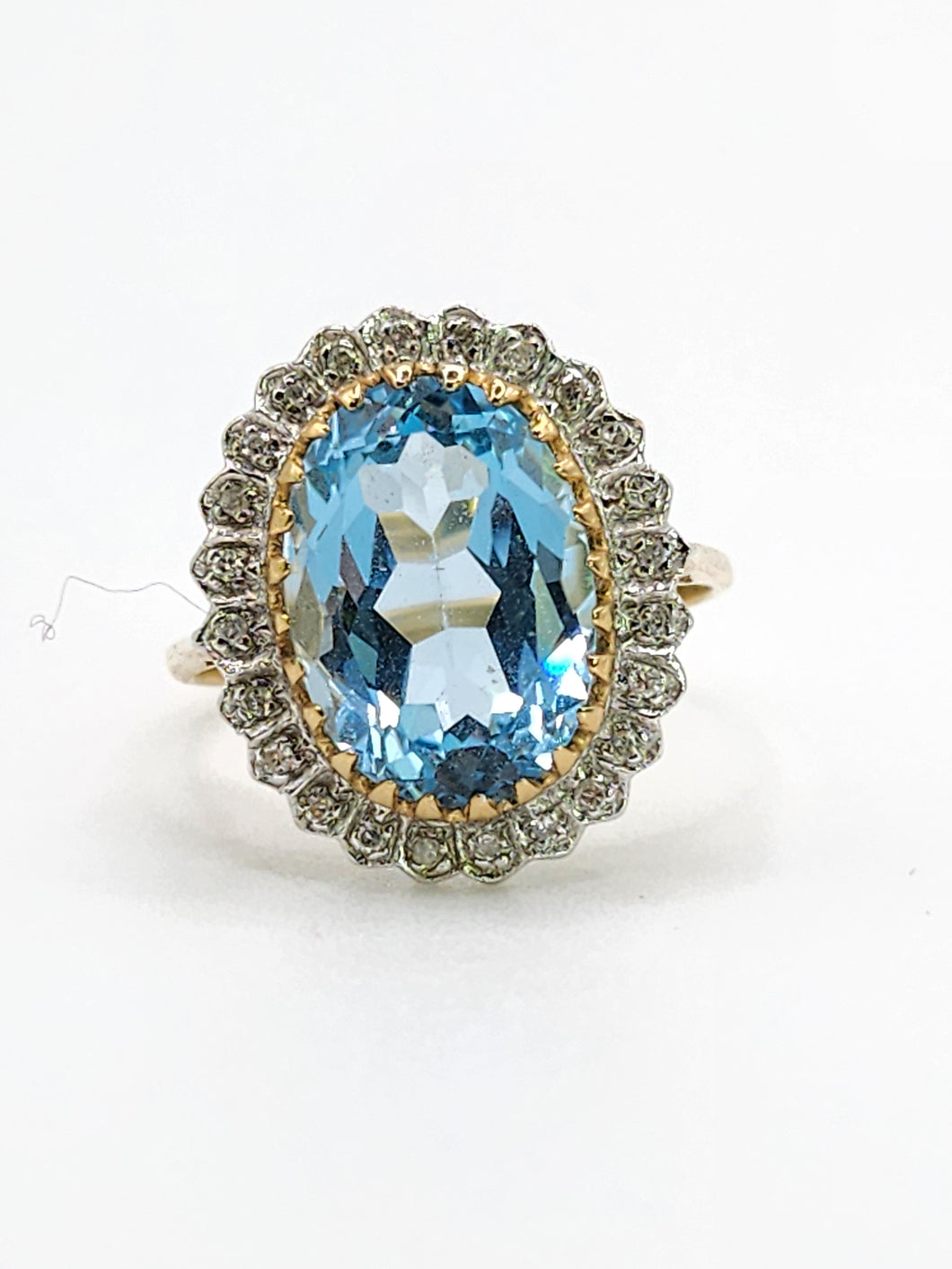 1898: Vintage: 9ct Gold Swiss Blue Topaz 24 Diamonds Lady Diana Style Cluster Ring