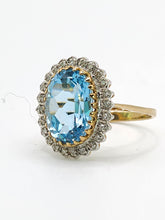 Load image into Gallery viewer, 1898: Vintage: 9ct Gold Swiss Blue Topaz 24 Diamonds Lady Diana Style Cluster Ring
