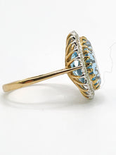 Load image into Gallery viewer, 1898: Vintage: 9ct Gold Swiss Blue Topaz 24 Diamonds Lady Diana Style Cluster Ring
