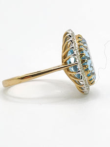 1898: Vintage: 9ct Gold Swiss Blue Topaz 24 Diamonds Lady Diana Style Cluster Ring