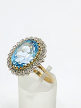 Load image into Gallery viewer, 1898: Vintage: 9ct Gold Swiss Blue Topaz 24 Diamonds Lady Diana Style Cluster Ring
