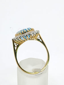 1898: Vintage: 9ct Gold Swiss Blue Topaz 24 Diamonds Lady Diana Style Cluster Ring