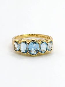 1936: Vintage: 18ct Gold 5 Blue Aquamarines Stacker Dress Ring- Gorgeous