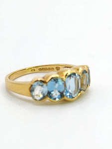 1936: Vintage: 18ct Gold 5 Blue Aquamarines Stacker Dress Ring- Gorgeous