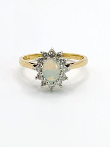 1938: Vintage: 18ct Gold White Opal 12 Diamonds (0.36ct) Halo Ring- Lovely cut and colours