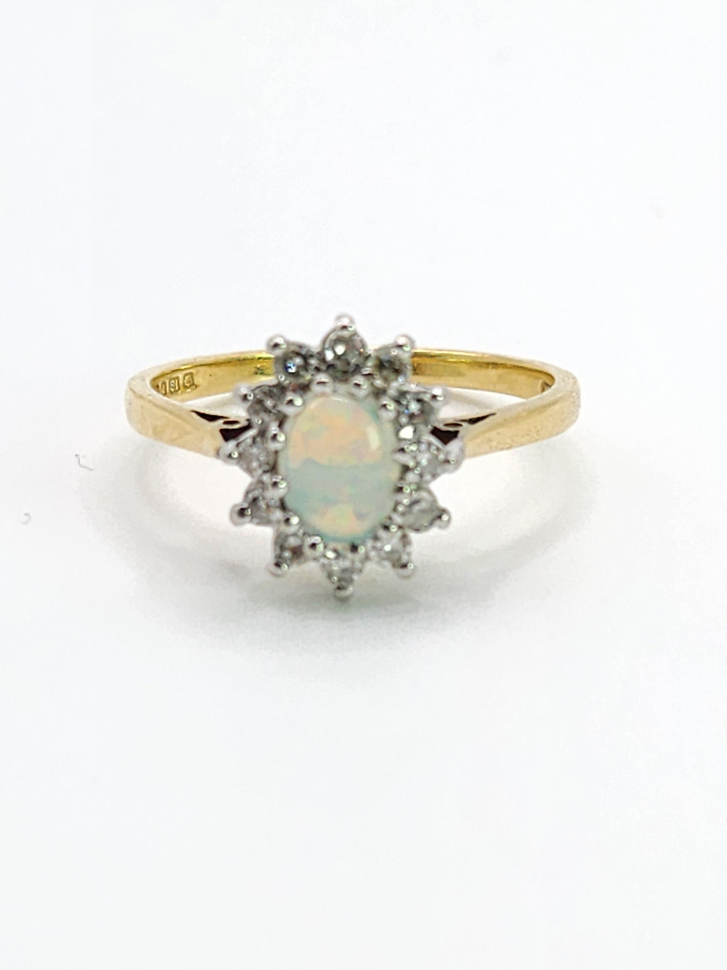 1938: Vintage: 18ct Gold White Opal 12 Diamonds (0.36ct) Halo Ring- Lovely cut and colours