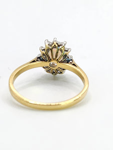 1938: Vintage: 18ct Gold White Opal 12 Diamonds (0.36ct) Halo Ring- Lovely cut and colours