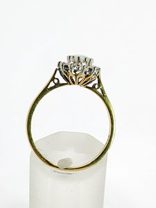 1938: Vintage: 18ct Gold White Opal 12 Diamonds (0.36ct) Halo Ring- Lovely cut and colours