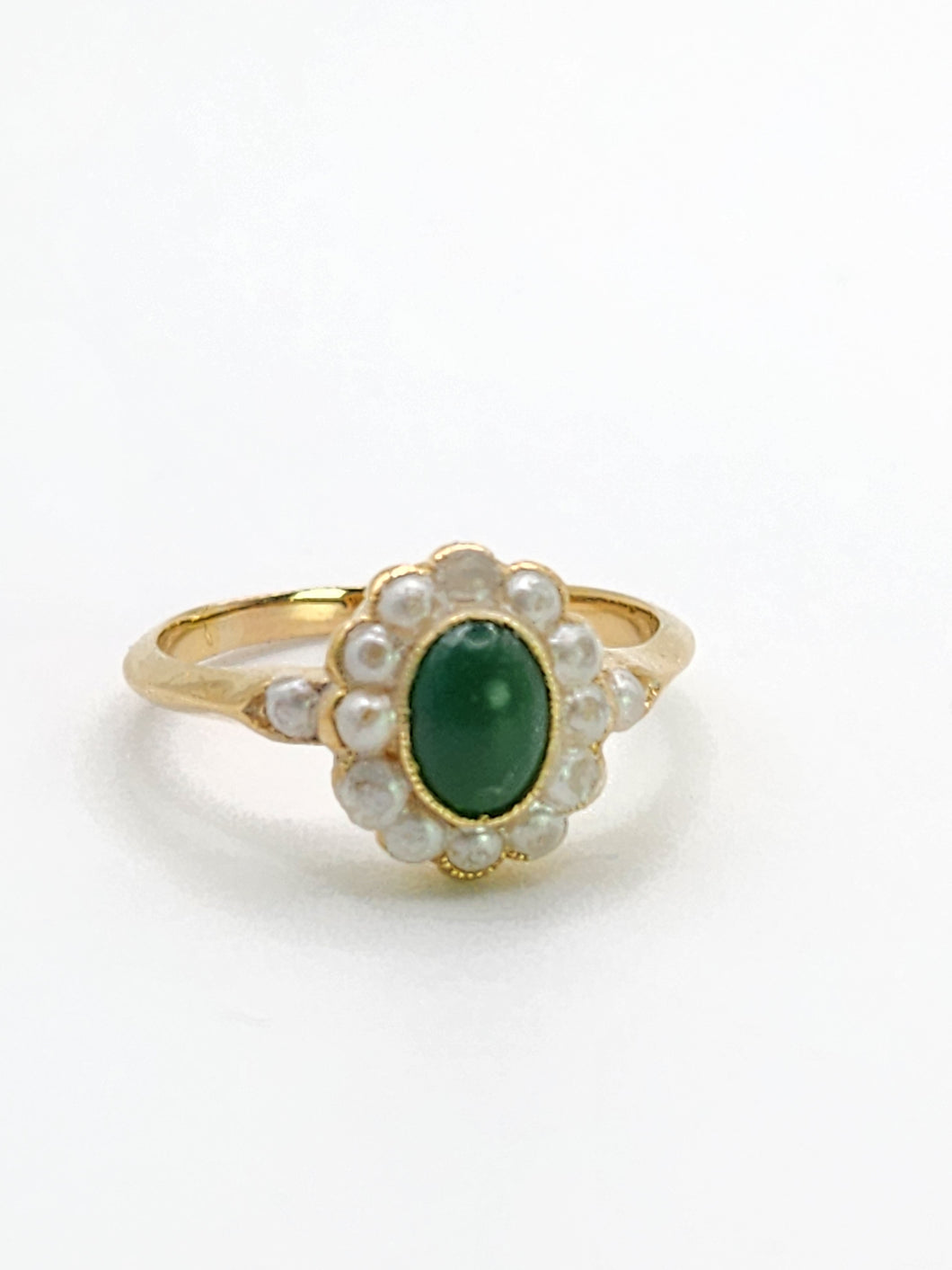 1901: Antique: 18ct Gold Green Jade Seed Pearls Cluster Ring- Petite, Elegant, Cute
