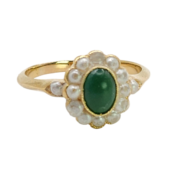 Antique: 18ct Yellow Gold Green Jade & Seed Pearl Cluster Ring
