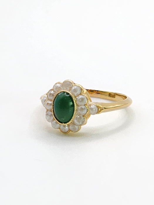 1901: Antique: 18ct Gold Green Jade Seed Pearls Cluster Ring- Petite, Elegant, Cute