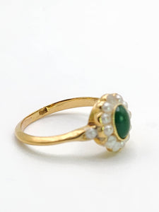 1901: Antique: 18ct Gold Green Jade Seed Pearls Cluster Ring- Petite, Elegant, Cute