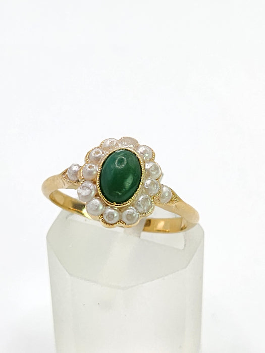 1901: Antique: 18ct Gold Green Jade Seed Pearls Cluster Ring- Petite, Elegant, Cute