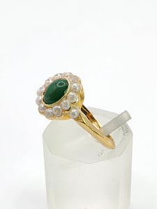 1901: Antique: 18ct Gold Green Jade Seed Pearls Cluster Ring- Petite, Elegant, Cute