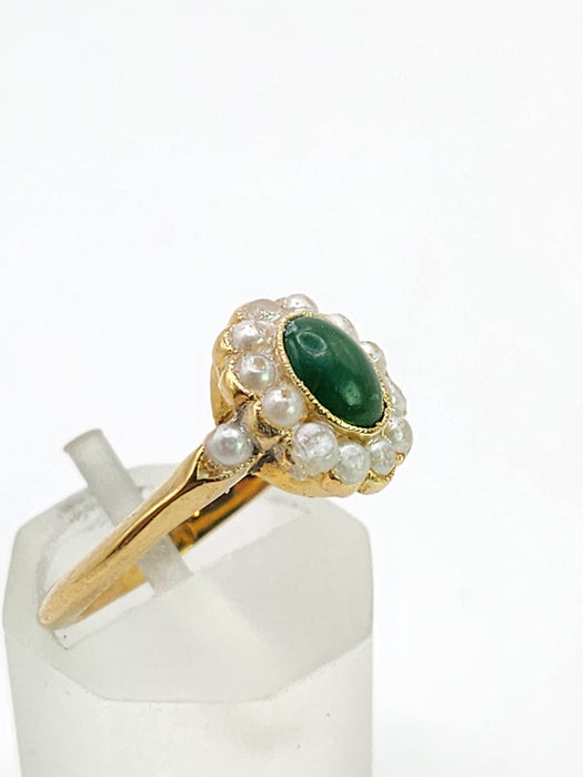1901: Antique: 18ct Gold Green Jade Seed Pearls Cluster Ring- Petite, Elegant, Cute