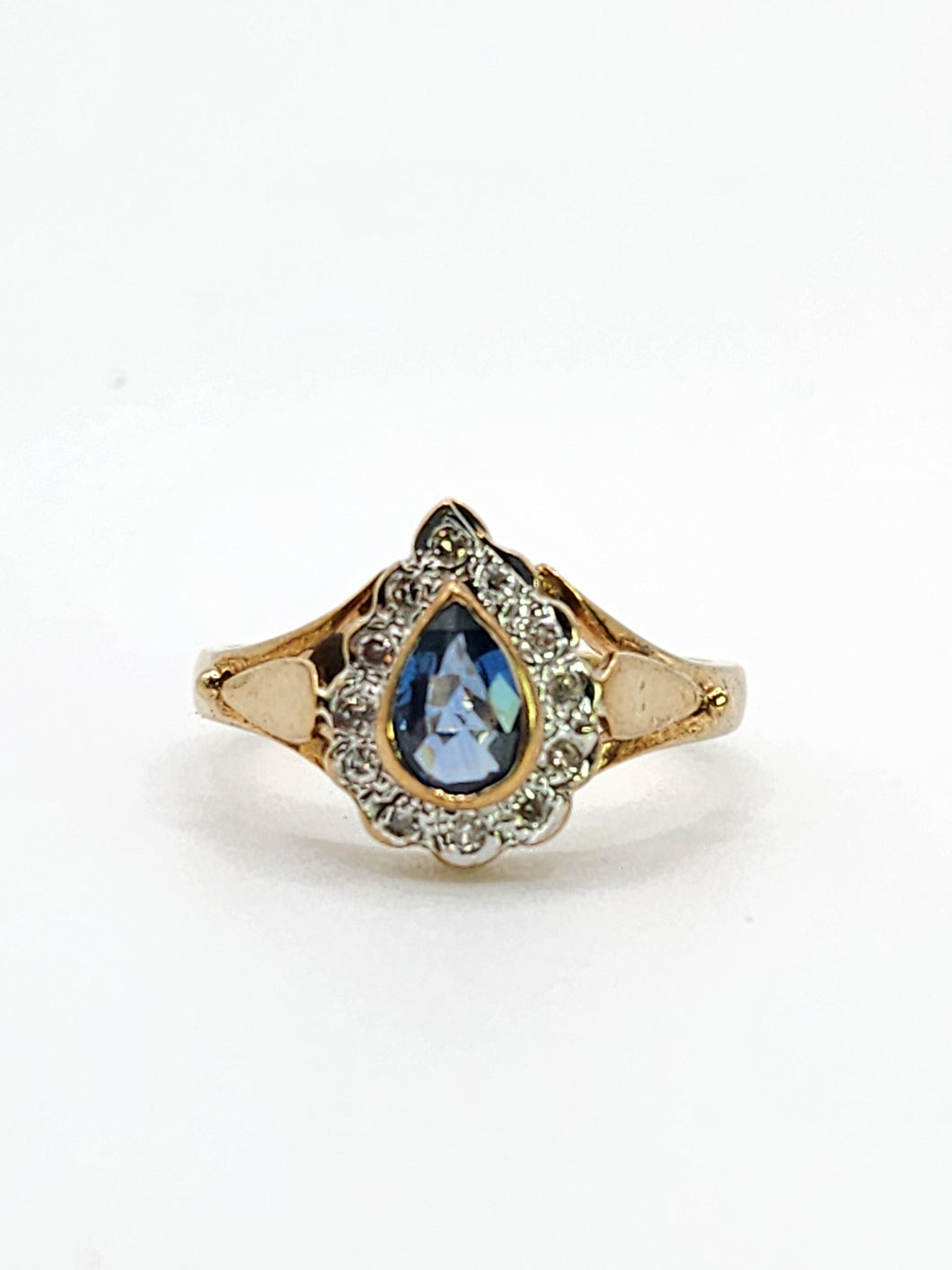 1921: Vintage: 9ct Gold French Blue Sapphire 12 Diamonds Dress Ring- exquisite 