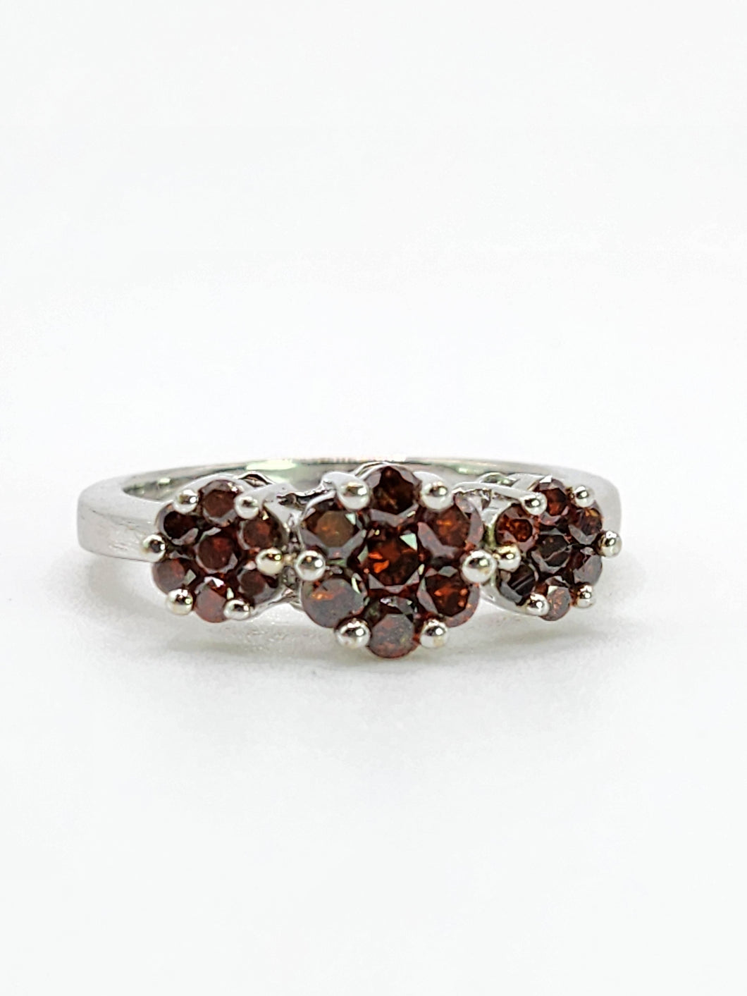 1924: Vintage: 9ct White Gold Red Diamonds (1ct) Flowerhead Trilogy Ring-  21 Natural Diamonds