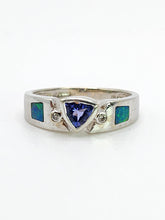 Load image into Gallery viewer, 1933: Modern : 14ct White Gold Tanzanite, Australian Opal, Diamonds Stacker Ring- Eclectic eye-catcher
