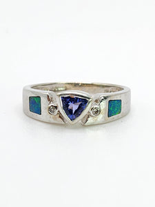1933: Modern : 14ct White Gold Tanzanite, Australian Opal, Diamonds Stacker Ring- Eclectic eye-catcher