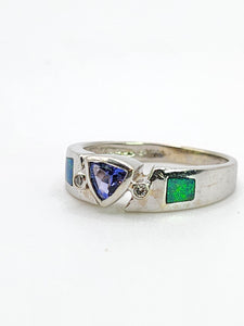 1933: Modern : 14ct White Gold Tanzanite, Australian Opal, Diamonds Stacker Ring- Eclectic eye-catcher