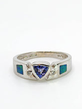 Load image into Gallery viewer, 1933: Modern : 14ct White Gold Tanzanite, Australian Opal, Diamonds Stacker Ring- Eclectic eye-catcher
