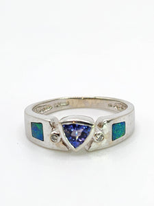 1933: Modern : 14ct White Gold Tanzanite, Australian Opal, Diamonds Stacker Ring- Eclectic eye-catcher