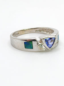 1933: Modern : 14ct White Gold Tanzanite, Australian Opal, Diamonds Stacker Ring- Eclectic eye-catcher