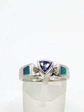 Load image into Gallery viewer, 1933: Modern : 14ct White Gold Tanzanite, Australian Opal, Diamonds Stacker Ring- Eclectic eye-catcher
