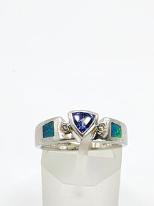 1933: Modern : 14ct White Gold Tanzanite, Australian Opal, Diamonds Stacker Ring- Eclectic eye-catcher