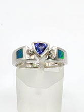Load image into Gallery viewer, 1933: Modern : 14ct White Gold Tanzanite, Australian Opal, Diamonds Stacker Ring- Eclectic eye-catcher
