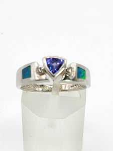 1933: Modern : 14ct White Gold Tanzanite, Australian Opal, Diamonds Stacker Ring- Eclectic eye-catcher