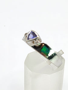 1933: Modern : 14ct White Gold Tanzanite, Australian Opal, Diamonds Stacker Ring- Eclectic eye-catcher