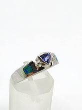 Load image into Gallery viewer, 1933: Modern : 14ct White Gold Tanzanite, Australian Opal, Diamonds Stacker Ring- Eclectic eye-catcher
