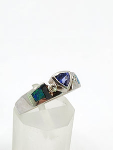 1933: Modern : 14ct White Gold Tanzanite, Australian Opal, Diamonds Stacker Ring- Eclectic eye-catcher