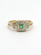 Cargar imagen en el visor de la galería, 1946: Vintage: 9ct Gold Art Deco Style Emerald 16 Natural Diamonds Ring-sparkling beauty
