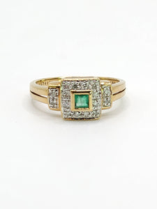 1946: Vintage: 9ct Gold Art Deco Style Emerald 16 Natural Diamonds Ring-sparkling beauty