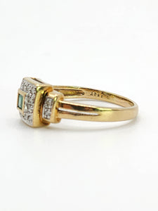 1946: Vintage: 9ct Gold Art Deco Style Emerald 16 Natural Diamonds Ring-sparkling beauty