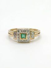 Cargar imagen en el visor de la galería, 1946: Vintage: 9ct Gold Art Deco Style Emerald 16 Natural Diamonds Ring-sparkling beauty
