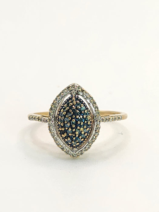 Vintage: 9ct Gold Blue & White Diamond Marquise Cluster Ring
