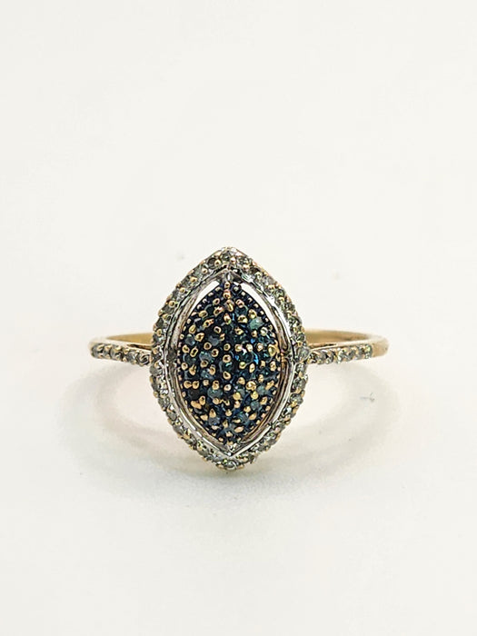 Vintage: 9ct Gold Blue & White Diamond Marquise Cluster Ring