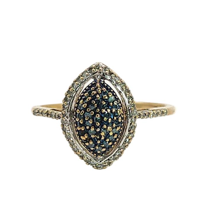 Vintage: 9ct Gold Blue & White Diamond Marquise Cluster Ring